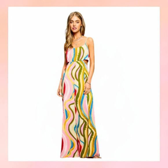 Rainbow Printed Cut-Out Waist Smocked Back Front Slit Pants Jumpsuit - Medium